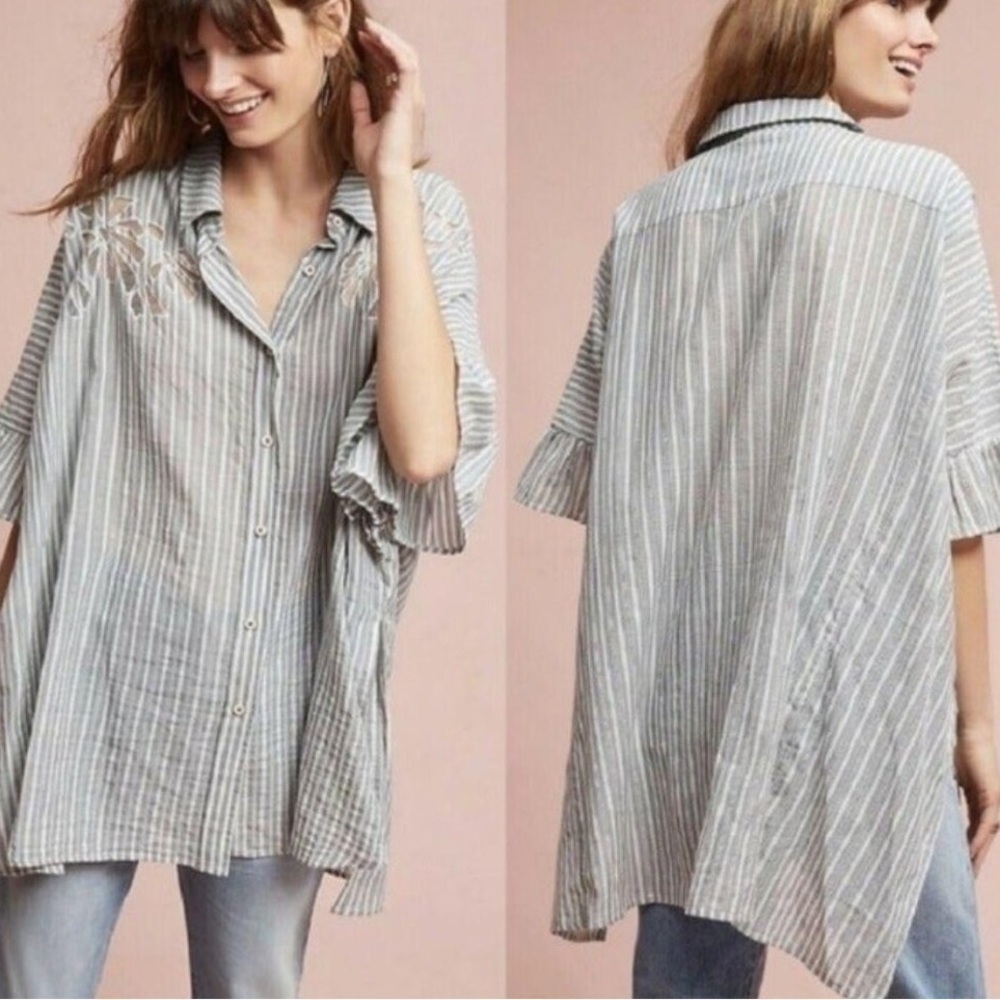 Anthropologie Maeve Betty Oversized Striped Floral Shirt in Light Blue Sz M/L
